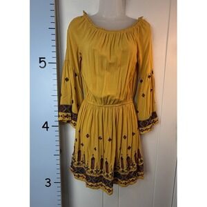 Earthbound Trading Co Boho Bell Sleeve Peasant Hippie Dress Mustard Size Small‎